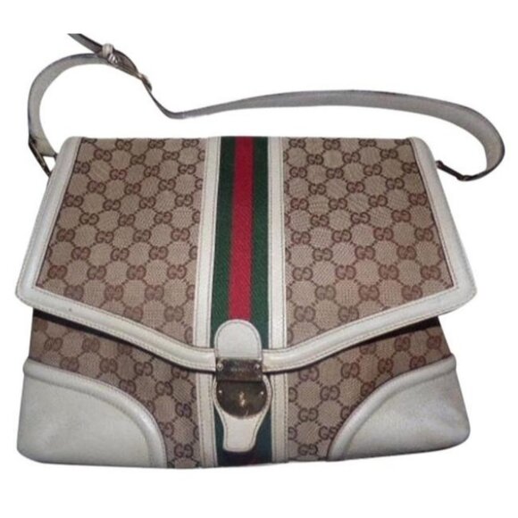 Gucci Vintage Envelope Style Purse White and Brown Leather Red Green Stripe - Picture 1 of 6